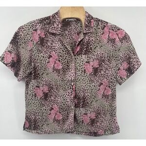 Donnkenny Classic Women's Sheer Leopard Rose Floral Button Up Short Sleeve Shirt